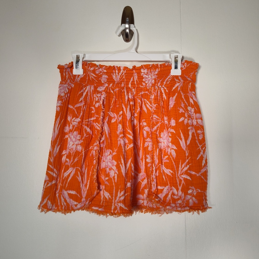 Anthropologie Printed Gauze Mini Skirt Orange Pink Floral Cotton Smocked Waist M